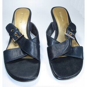 Liz Claiborne Sandals Open Toe Navy Blue Slip On Size 7.5 Buckle Embellishment